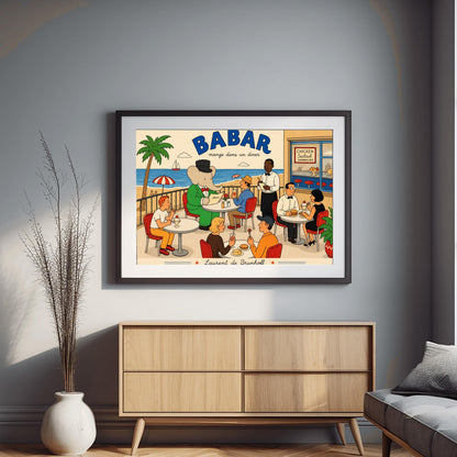 A bright 1950s-style illustration poster titled "BABAR mange dans un diner" in bold blue and black script. The scene shows an outdoor diner balcony overlooking a sandy beach and blue ocean with a sailboat. On the left, the cartoon elephant King Babar sits at a round white table in a green suit and top hat, reading a menu. Several other patrons are seated at tables on red chairs eating burgers and ice cream sundaes, while a waiter in a bowtie takes notes.