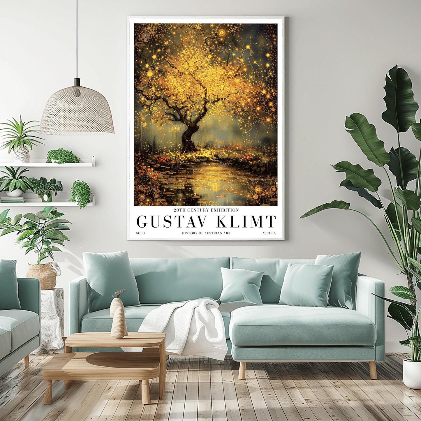 A vertical museum exhibition poster in the style of Gustav Klimt. A large tree with a dense, glowing golden canopy stands beside a river. The water surface is covered in golden mosaic patterns and reflections. The ground is filled with small orange flowers. Bold black text at the bottom reads "GUSTAV KLIMT" and "HISTORY OF AUSTRIAN ART."