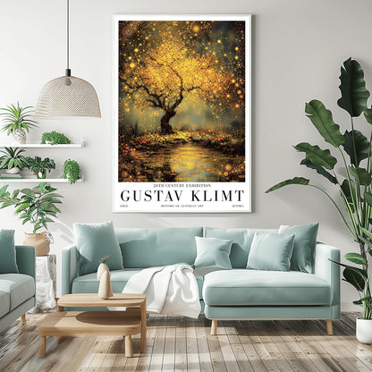 A vertical museum exhibition poster in the style of Gustav Klimt. A large tree with a dense, glowing golden canopy stands beside a river. The water surface is covered in golden mosaic patterns and reflections. The ground is filled with small orange flowers. Bold black text at the bottom reads "GUSTAV KLIMT" and "HISTORY OF AUSTRIAN ART."