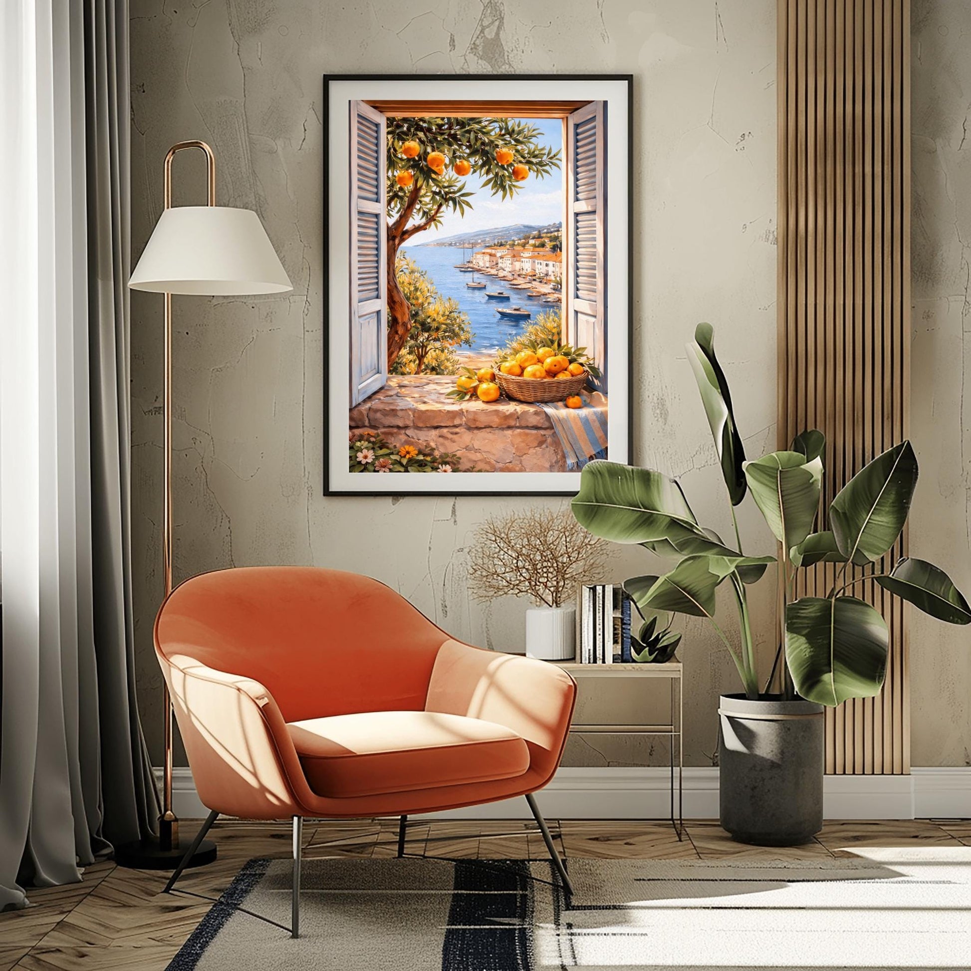 A vertical painterly illustration looking through a stone window with light blue shutters. A woven basket of oranges and a striped blue cloth sit on the ledge. Outside, an orange tree frames a view of a blue sea with boats and a sun-drenched coastal town.