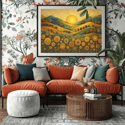 A horizontal landscape illustration in a mosaic style. A large golden sun is centered in a tiled sky above rolling hills of teal, gold, and orange. The hills are populated with small rounded trees. The foreground is a dense field of intricate, circular mandala-style flowers.