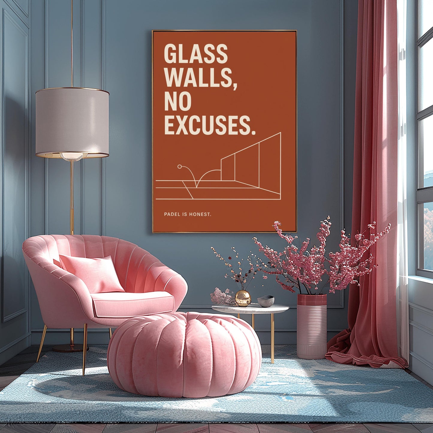 A vertical minimalist sports poster with a solid terracotta rust background. At the top, a bold quote reads "GLASS WALLS, NO EXCUSES." in a large, clean cream sans-serif font. The middle features a fine cream line drawing showcasing a perspective view of a padel court's back and side glass panels, with a line tracing a ball bouncing on the turf and hitting the glass. At the bottom left, small cream text reads "PADEL IS HONEST."