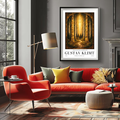 A vertical exhibition poster for Gustav Klimt. Two tall birch trees with golden mosaic bark frame a view of a dark forest path illuminated by a bright vertical beam of sunlight. The artwork has an ornate gold border and clean white margins with text at the bottom.