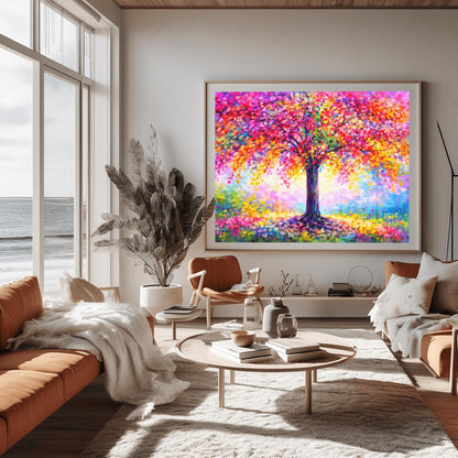 A horizontal landscape painting of a large, vibrant tree. The canopy is a dense, rounded mass of multi-colored leaves in pink, red, orange, yellow, and purple. The center of the tree glows with white and yellow light. The trunk is dark and textured. The tree sits in a soft, impressionist meadow of colorful flowers and mist. The style features thick, visible palette knife strokes.