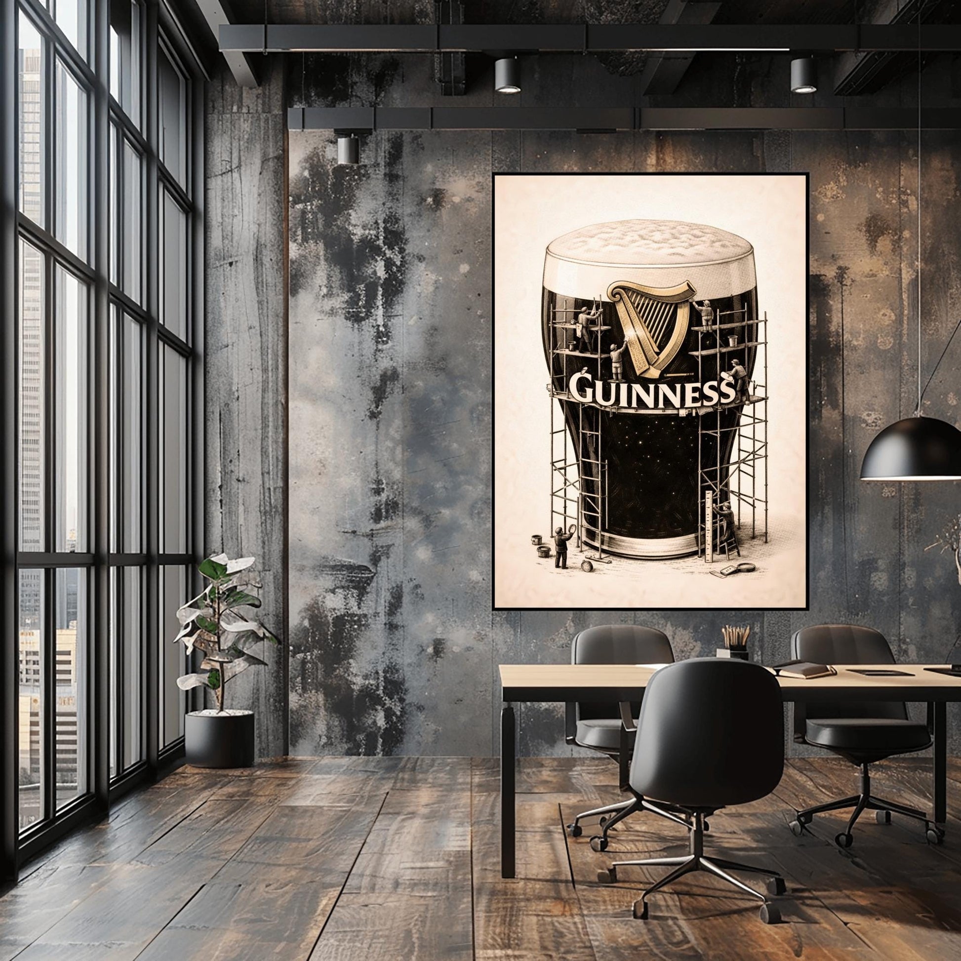 A vertical charcoal illustration of a large pint of Guinness. The glass is surrounded by a complex wooden scaffolding structure. Tiny worker silhouettes are on the scaffolding, polishing a large golden harp and the white Guinness logo on the front of the glass. The background is a light cream color.