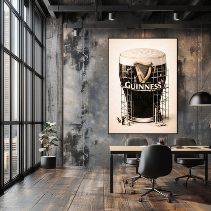 A vertical charcoal illustration of a large pint of Guinness. The glass is surrounded by a complex wooden scaffolding structure. Tiny worker silhouettes are on the scaffolding, polishing a large golden harp and the white Guinness logo on the front of the glass. The background is a light cream color.