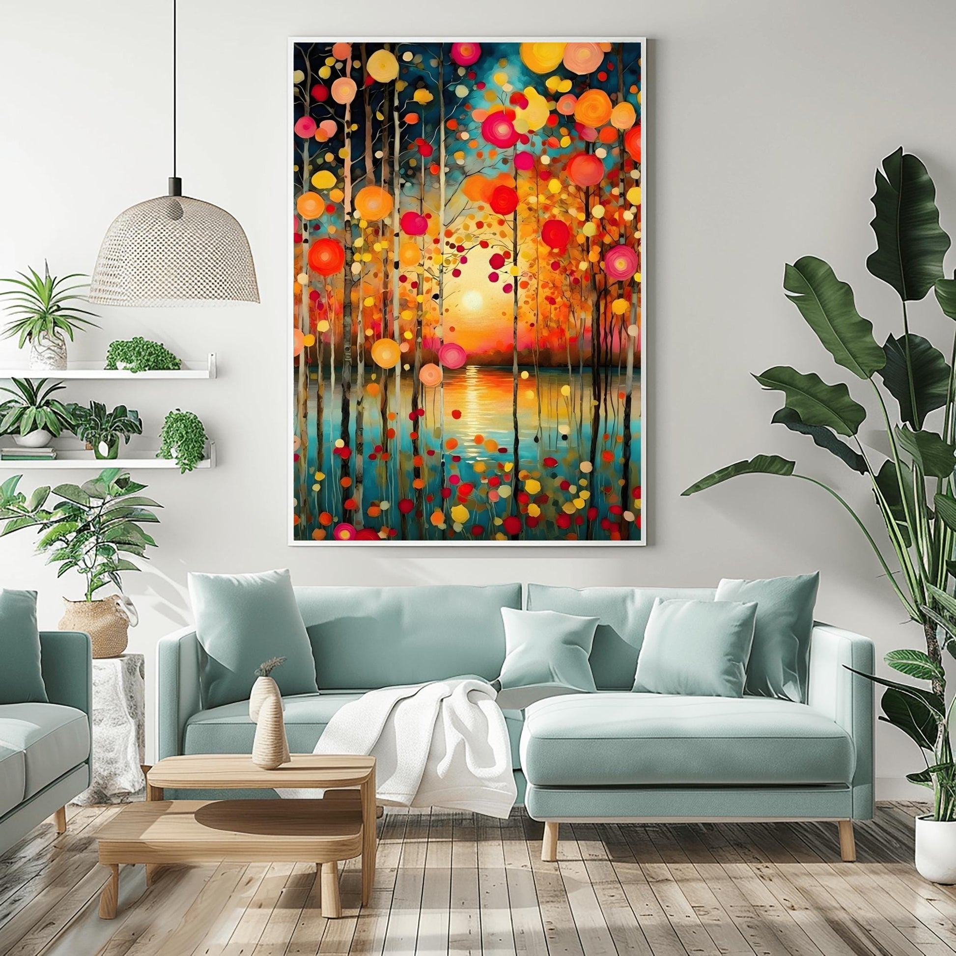 A vertical oil painting in the style of Gustav Klimt. Slender birch trees stand in the foreground of a calm turquoise lake. A soft, glowing sun is centered on the horizon, reflecting in the water. The trees are decorated with floating, circular mosaic leaves in vibrant shades of red, orange, and yellow. The style is highly textured with decorative patterns throughout the sky and water.