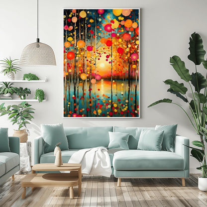 A vertical oil painting in the style of Gustav Klimt. Slender birch trees stand in the foreground of a calm turquoise lake. A soft, glowing sun is centered on the horizon, reflecting in the water. The trees are decorated with floating, circular mosaic leaves in vibrant shades of red, orange, and yellow. The style is highly textured with decorative patterns throughout the sky and water.