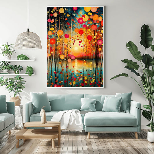 A vertical oil painting in the style of Gustav Klimt. Slender birch trees stand in the foreground of a calm turquoise lake. A soft, glowing sun is centered on the horizon, reflecting in the water. The trees are decorated with floating, circular mosaic leaves in vibrant shades of red, orange, and yellow. The style is highly textured with decorative patterns throughout the sky and water.