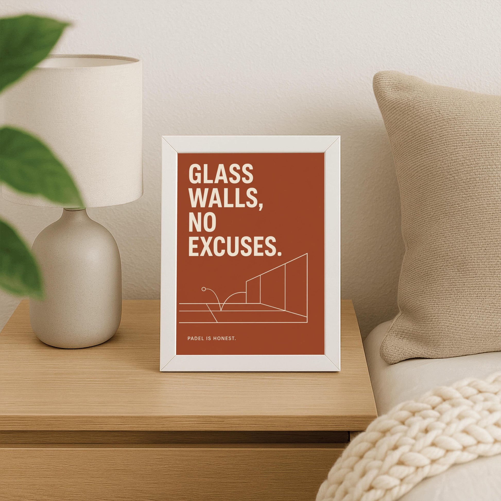 A vertical minimalist sports poster with a solid terracotta rust background. At the top, a bold quote reads "GLASS WALLS, NO EXCUSES." in a large, clean cream sans-serif font. The middle features a fine cream line drawing showcasing a perspective view of a padel court's back and side glass panels, with a line tracing a ball bouncing on the turf and hitting the glass. At the bottom left, small cream text reads "PADEL IS HONEST."