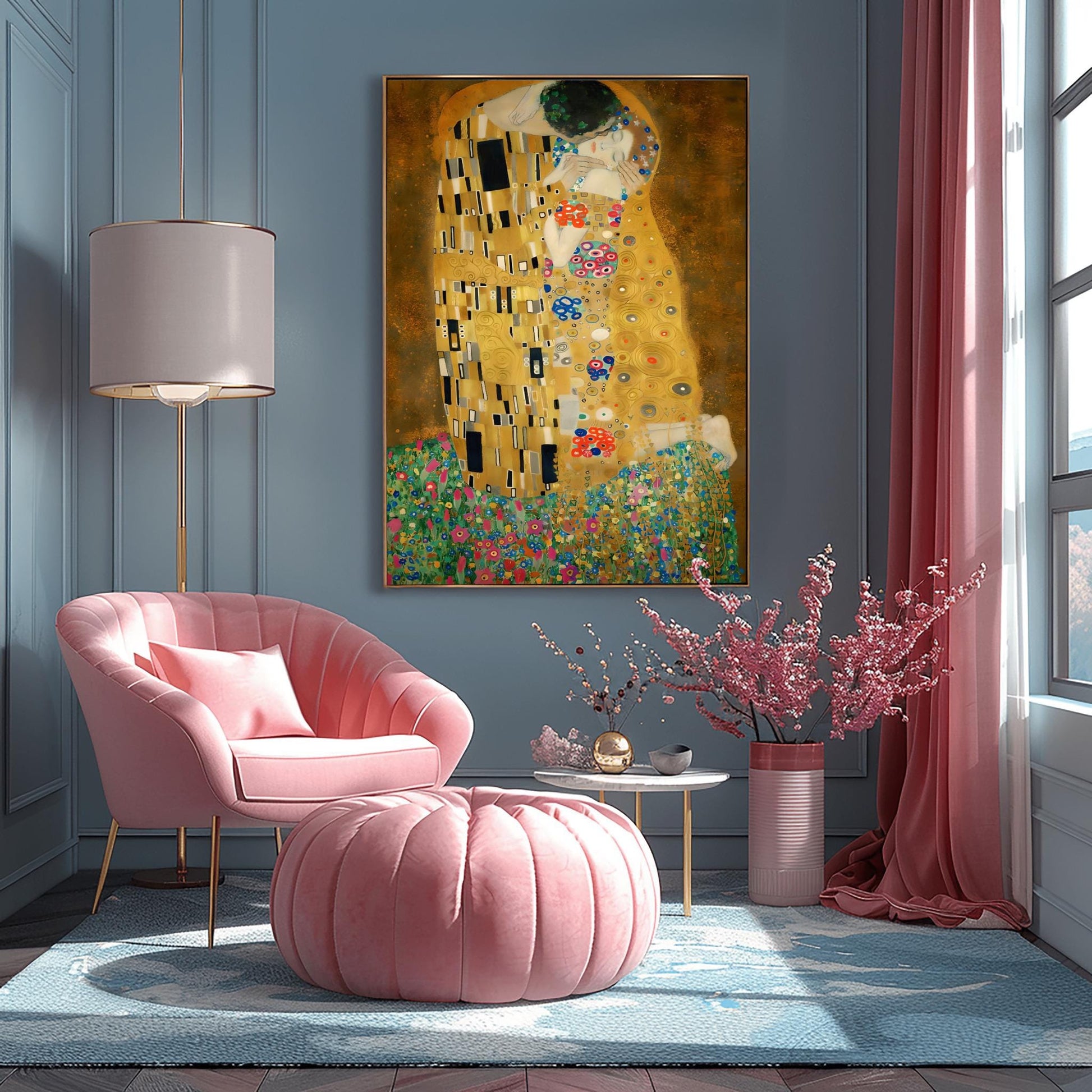 A vertical fine art print of "The Kiss" by Gustav Klimt. Two lovers are shown in an intimate embrace, their bodies covered in elaborate, decorative gold robes. The man's robe features black and white geometric shapes, while the woman's features colorful floral circles. They kneel on a lush bed of colorful wildflowers against a dark, shimmering gold background. The style is rich in mosaic-like patterns and Art Nouveau ornamentation.