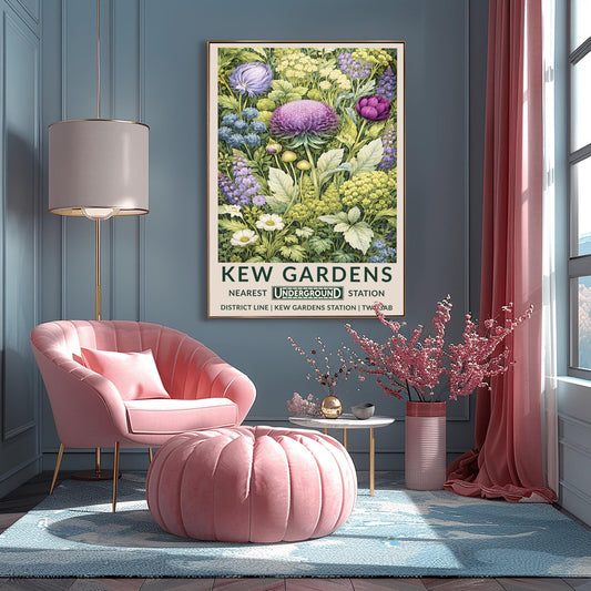 A vertical vintage-style travel poster for Kew Gardens. The artwork is a dense, detailed illustration of garden flowers. A large, round, spiky purple thistle bloom is the central focus, surrounded by purple field flowers, white daisies, and clusters of small yellow and white buds. The leaves are a variety of sage and emerald greens. The bottom features a cream border with bold green text: "KEW GARDENS" and "NEAREST UNDERGROUND STATION" with District Line details.