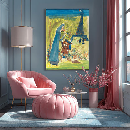 A vertical watercolor illustration in a whimsical, sketchy style. In the foreground, a nun in a tall blue habit bends down to smell an orange flower held by a young girl in a brown coat and a blue hat. They stand in a bright green field filled with red and blue wildflowers, with a brown snail nearby. In the background, a blue, impressionistic Eiffel Tower stands against a yellow-green sky with a French flag at its peak. Several small, sketchy figures walk in the distance.