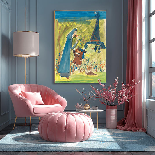 A vertical watercolor illustration in a whimsical, sketchy style. In the foreground, a nun in a tall blue habit bends down to smell an orange flower held by a young girl in a brown coat and a blue hat. They stand in a bright green field filled with red and blue wildflowers, with a brown snail nearby. In the background, a blue, impressionistic Eiffel Tower stands against a yellow-green sky with a French flag at its peak. Several small, sketchy figures walk in the distance.
