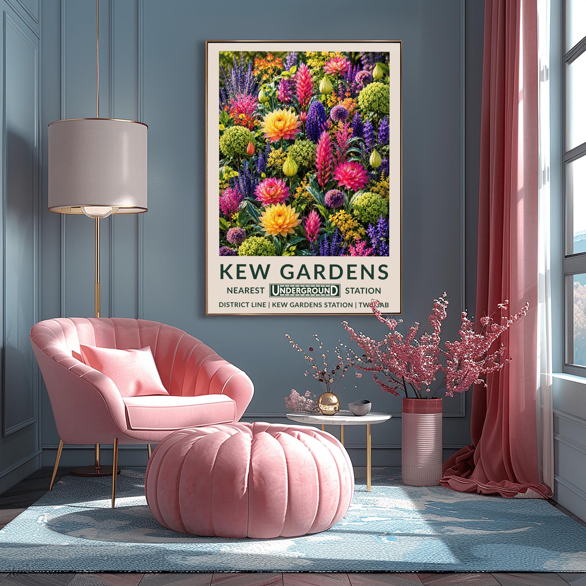A vertical retro London Underground travel poster for Kew Gardens on a wide cream border. The top image shows a densely packed botanical illustration of a vibrant summer flower border featuring large orange-yellow and magenta dahlias, tall pink flower spikes, purple alliums, violet lupines, and chartreuse green clusters. The bottom cream border features the text "KEW GARDENS" in dark green, followed by "NEAREST UNDERGROUND STATION"