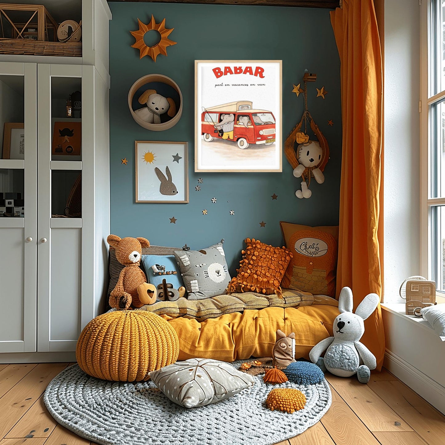 A vertical art print titled "BABAR part en vacances en van" in large red letters. A retro red and cream camper van is filled with grey elephants. One elephant in a striped shirt holds a fishing rod out the side door, and another sits in the driver's seat. The van has a "BABAR" license plate and a gold crown symbol on the grill. The artist's name, "Laurent de Brunhoff," is at the bottom of the cream-colored, textured background.