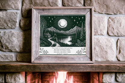 A wide horizontal art print in forest green and cream. A person on horseback follows a path toward a small cabin by a lake. In the background are tall pine forests and sharp mountain peaks under a massive moon and starry sky. The bottom of the print contains four lines of Robert Frost’s poetry in clean serif text, flanked by simple leaf illustrations.