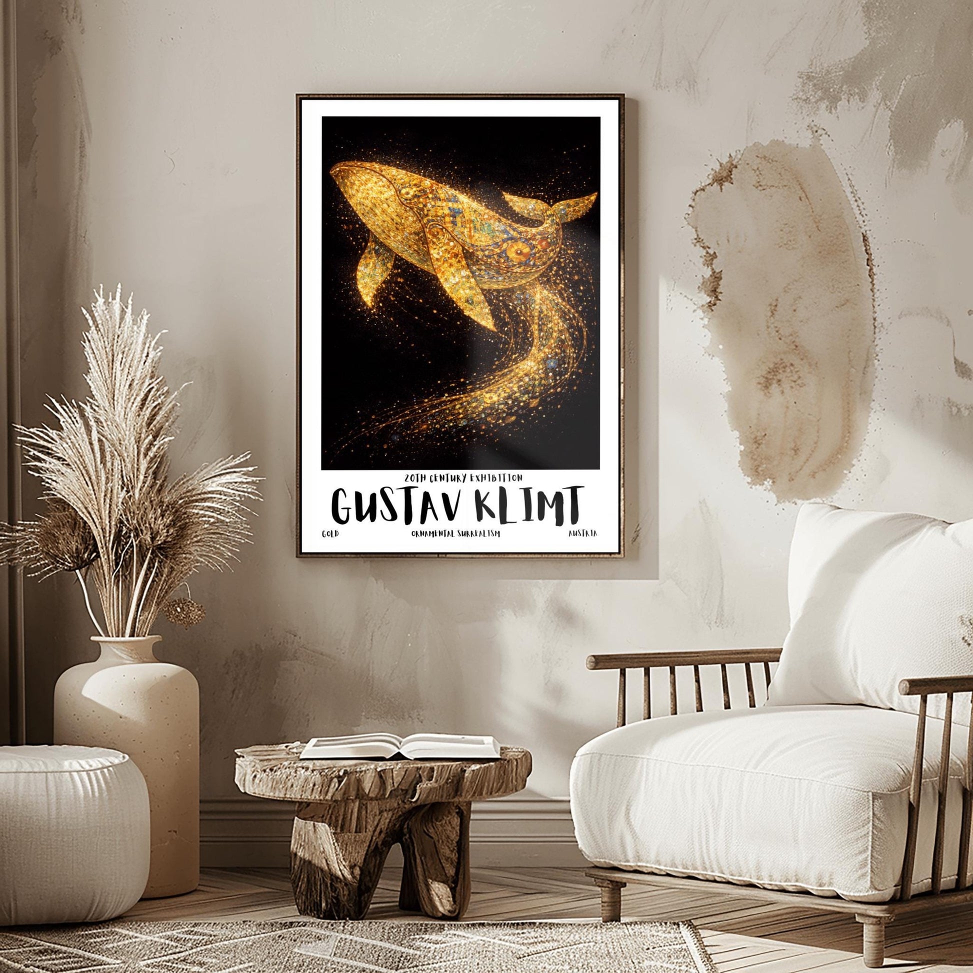 A vertical exhibition poster for Gustav Klimt featuring a large humpback whale made of golden mosaic patterns. The whale is breaching against a black background, leaving a trail of sparkling gold dust. Bold text at the bottom reads "GUSTAV KLIMT" and "Ornamental Surrealism."