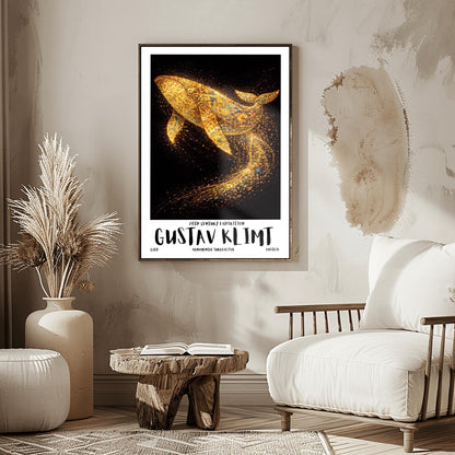 A vertical exhibition poster for Gustav Klimt featuring a large humpback whale made of golden mosaic patterns. The whale is breaching against a black background, leaving a trail of sparkling gold dust. Bold text at the bottom reads "GUSTAV KLIMT" and "Ornamental Surrealism."