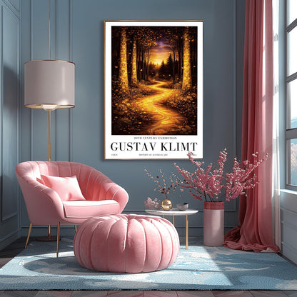 A vertical exhibition poster for Gustav Klimt. A glowing golden path winds through a dark, moody forest at night. Ornate trees with golden mosaic patterns frame the scene. Below the art, bold black text reads "GUSTAV KLIMT" and "20th Century Exhibition."