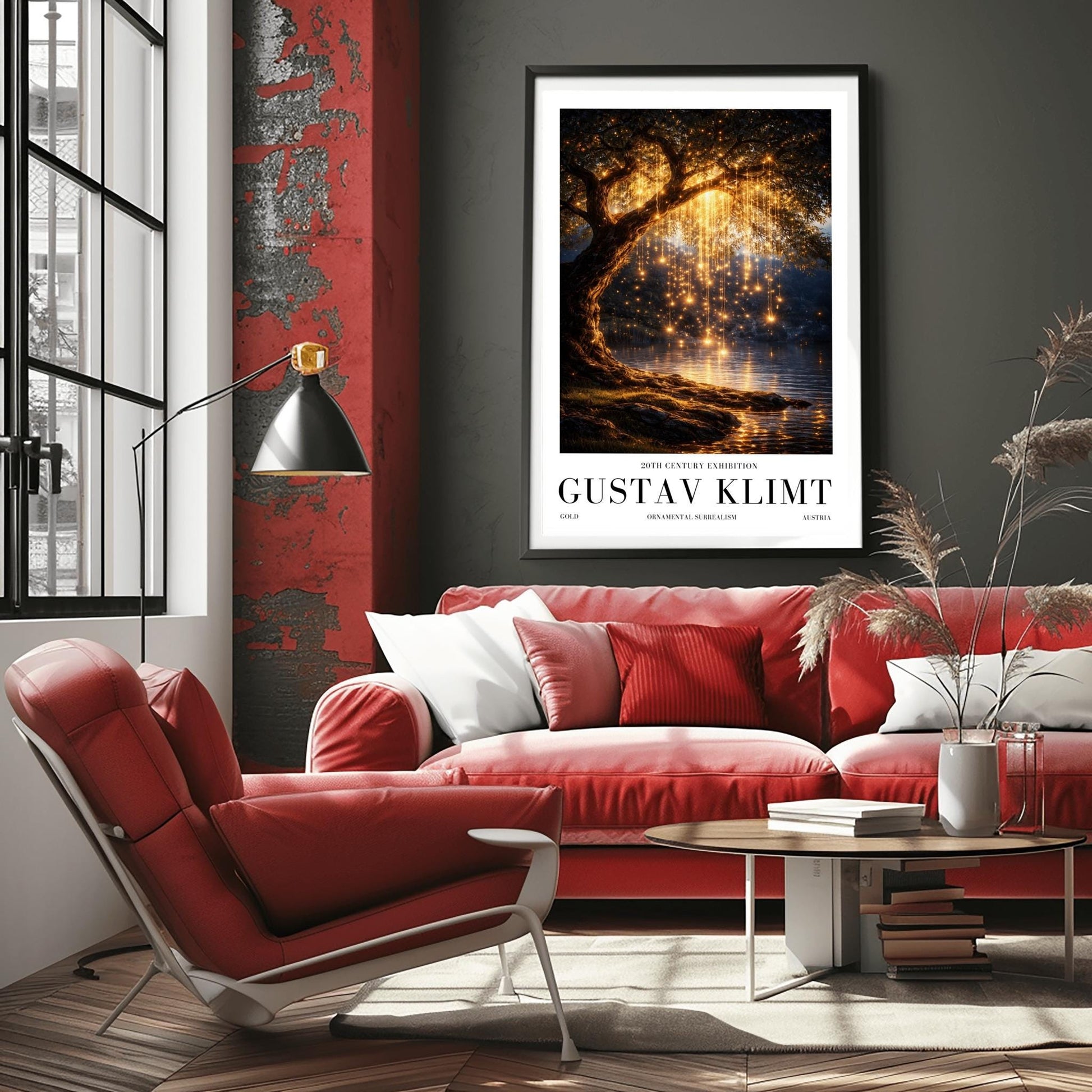 A vertical full-bleed illustration of a weeping willow tree at night in the style of Gustav Klimt. The branches hang down like strings of golden lights over a dark lake. The water reflects the golden glow, and the tree stands on a mossy bank against a dark forest background.