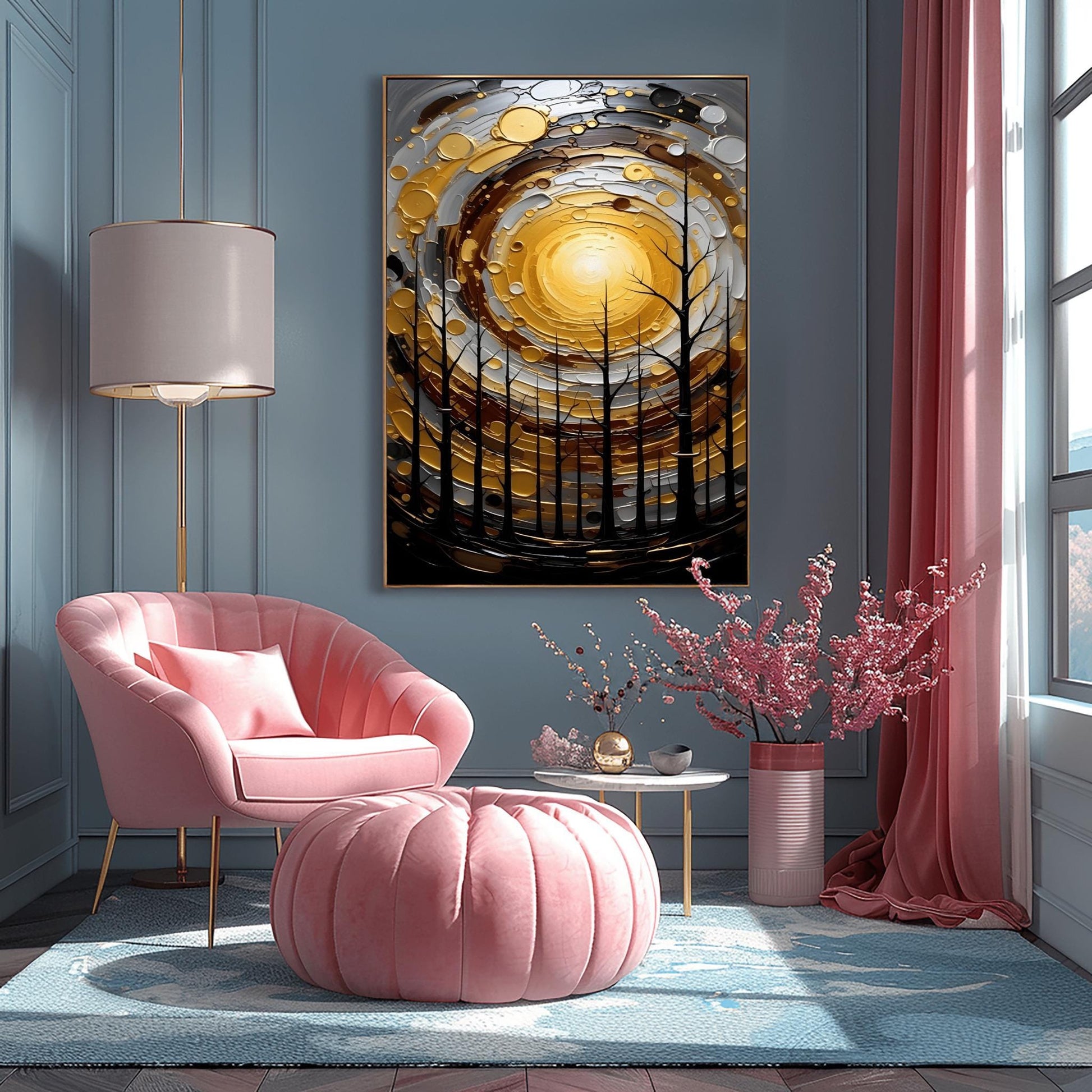 A vertical abstract painting in the style of Gustav Klimt. A group of black, silhouetted tree trunks stand in the foreground against a massive, swirling sun composed of concentric rings of gold, silver, and cream. The background is a dark, moody grey. The style features heavy, thick paint textures and metallic-looking circular accents scattered throughout.