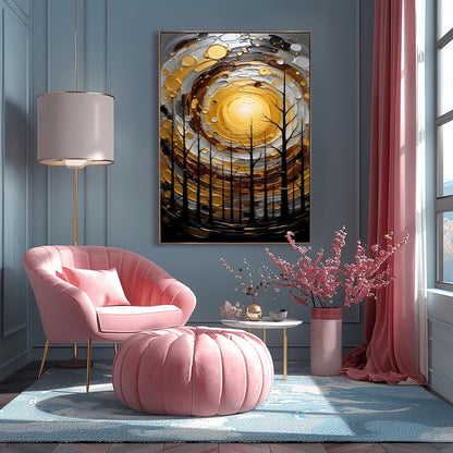 A vertical abstract painting in the style of Gustav Klimt. A group of black, silhouetted tree trunks stand in the foreground against a massive, swirling sun composed of concentric rings of gold, silver, and cream. The background is a dark, moody grey. The style features heavy, thick paint textures and metallic-looking circular accents scattered throughout.