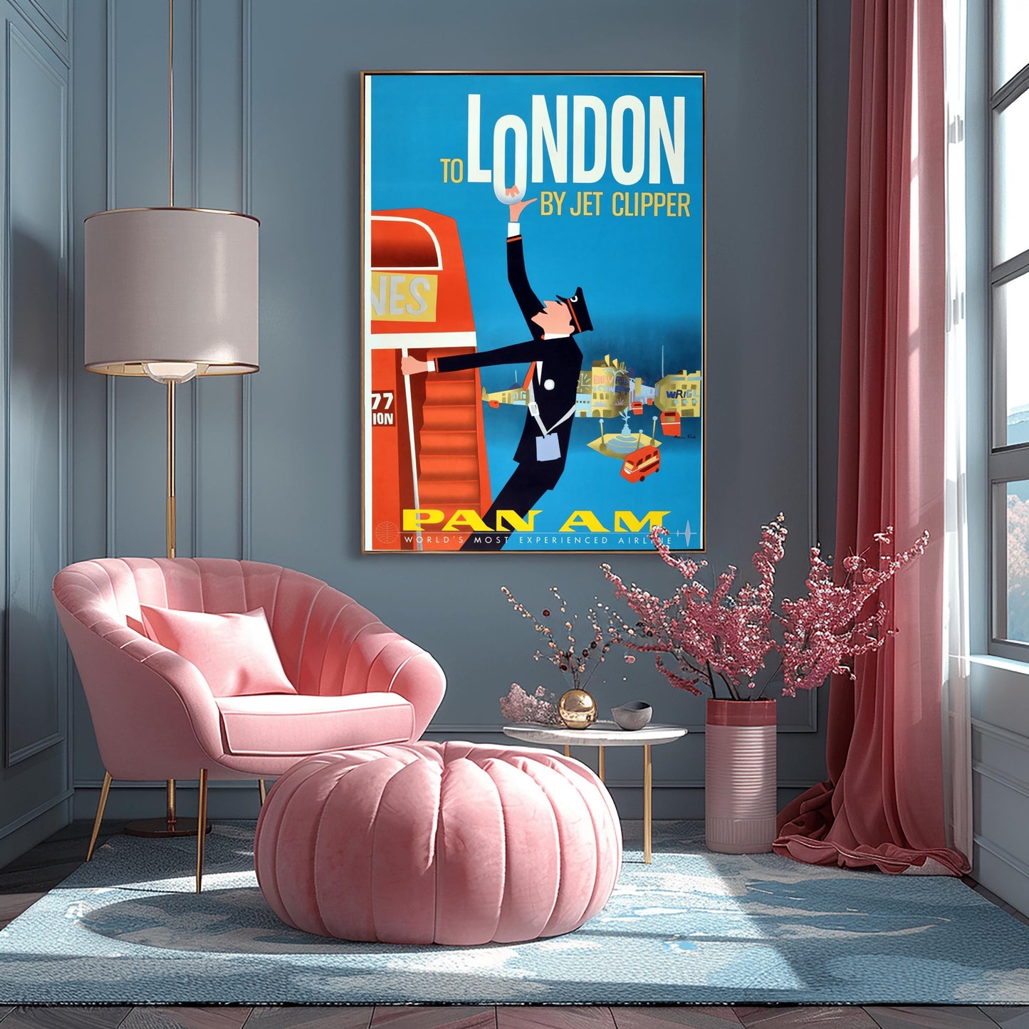 A vertical vintage travel poster with a blue background. At the top, the words "TO LONDON BY JET CLIPPER" are written in white and yellow font. A graphic illustration shows a bus conductor in a black uniform swinging off a large red double-decker bus on the left, reaching his arm up to hold the letter O in "LONDON". The lower background features stylized yellow and blue buildings of Piccadilly Circus with small red buses. The bottom features yellow "PAN AM" branding.