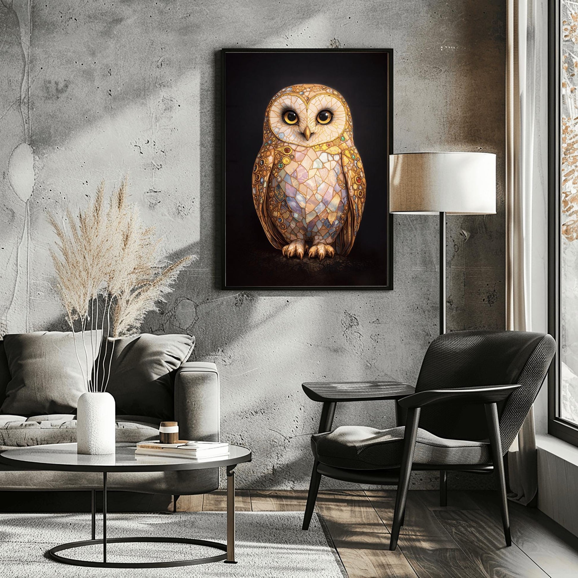 A vertical full-bleed illustration of a barn owl in the style of Gustav Klimt. The owl's body is a complex mosaic of gold, cream, and iridescent pastel tiles with small colorful gemstones embedded in the wings. It has large dark eyes and stands against a solid black background.