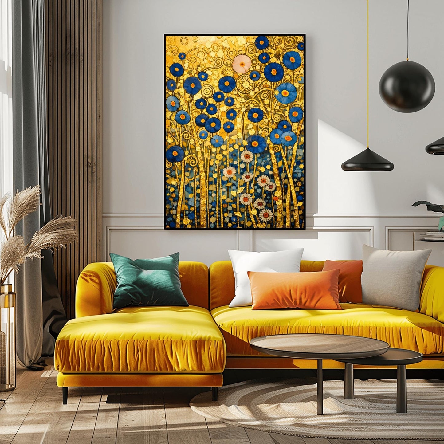 A vertical fine art landscape in the style of Gustav Klimt. A dense cluster of deep blue flowers with gold centers and white daisies grows against a textured gold leaf background filled with spirals and geometric patterns. The stems are slender and golden, creating a rich, mosaic-like botanical tapestry.