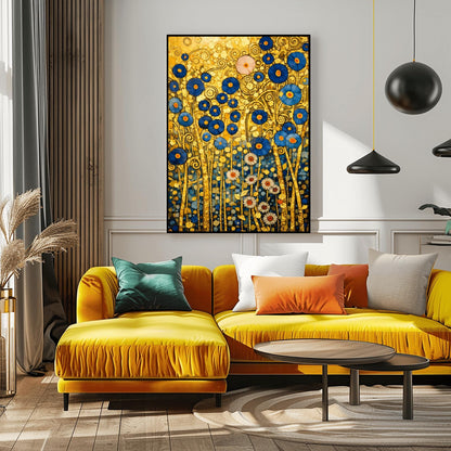 A vertical fine art landscape in the style of Gustav Klimt. A dense cluster of deep blue flowers with gold centers and white daisies grows against a textured gold leaf background filled with spirals and geometric patterns. The stems are slender and golden, creating a rich, mosaic-like botanical tapestry.