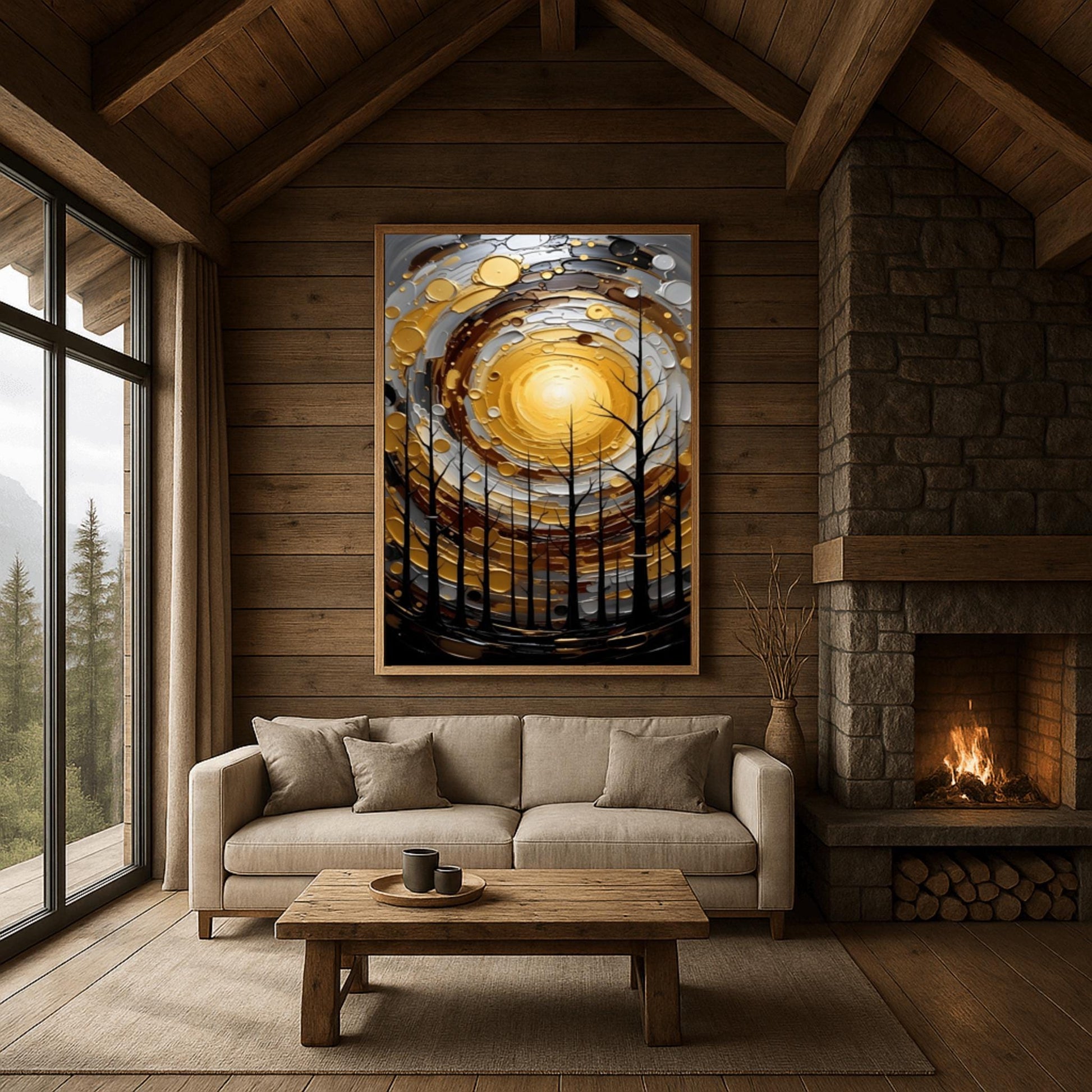 A vertical abstract painting in the style of Gustav Klimt. A group of black, silhouetted tree trunks stand in the foreground against a massive, swirling sun composed of concentric rings of gold, silver, and cream. The background is a dark, moody grey. The style features heavy, thick paint textures and metallic-looking circular accents scattered throughout.