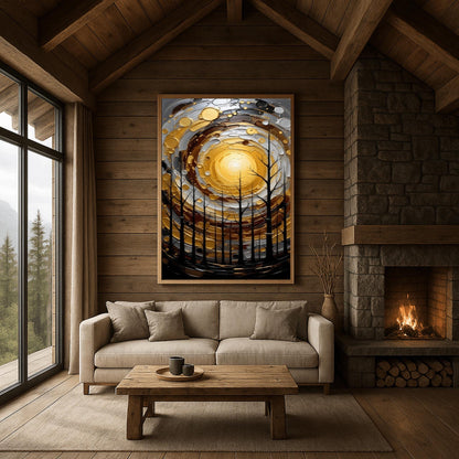A vertical abstract painting in the style of Gustav Klimt. A group of black, silhouetted tree trunks stand in the foreground against a massive, swirling sun composed of concentric rings of gold, silver, and cream. The background is a dark, moody grey. The style features heavy, thick paint textures and metallic-looking circular accents scattered throughout.