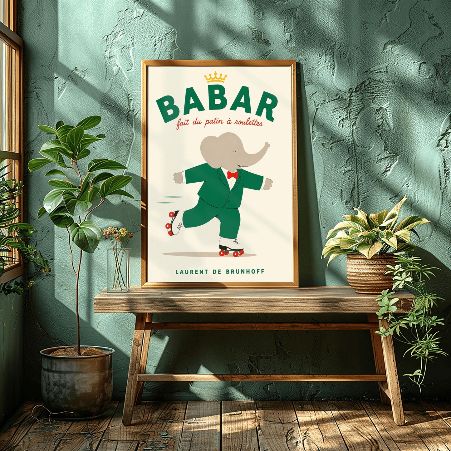 A vertical storybook-style art print of Babar the Elephant roller skating against a cream background. Babar is wearing his signature green suit and red bow tie. He is balanced on white roller skates with red wheels, with one foot lifted behind him. The top of the print features the word "BABAR" in large green letters above the red script text "fait du patin à roulettes" and a small gold crown. The name "LAURENT DE BRUNHOFF" is printed at the bottom.