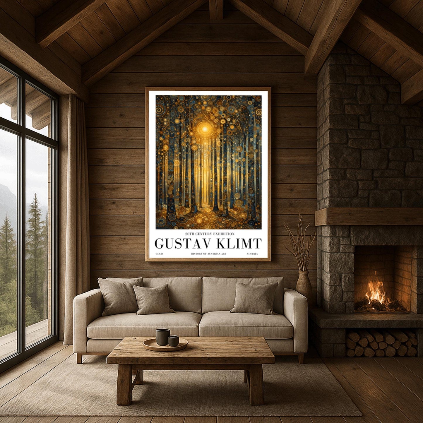 A vertical museum exhibition poster in the style of Gustav Klimt. A forest of slender trees is rendered in complex gold and dark blue mosaic patterns. A bright golden sun glows in the center, and the ground is covered in golden circular patterns. Bold black text at the bottom reads "GUSTAV KLIMT" and "20TH CENTURY EXHIBITION."