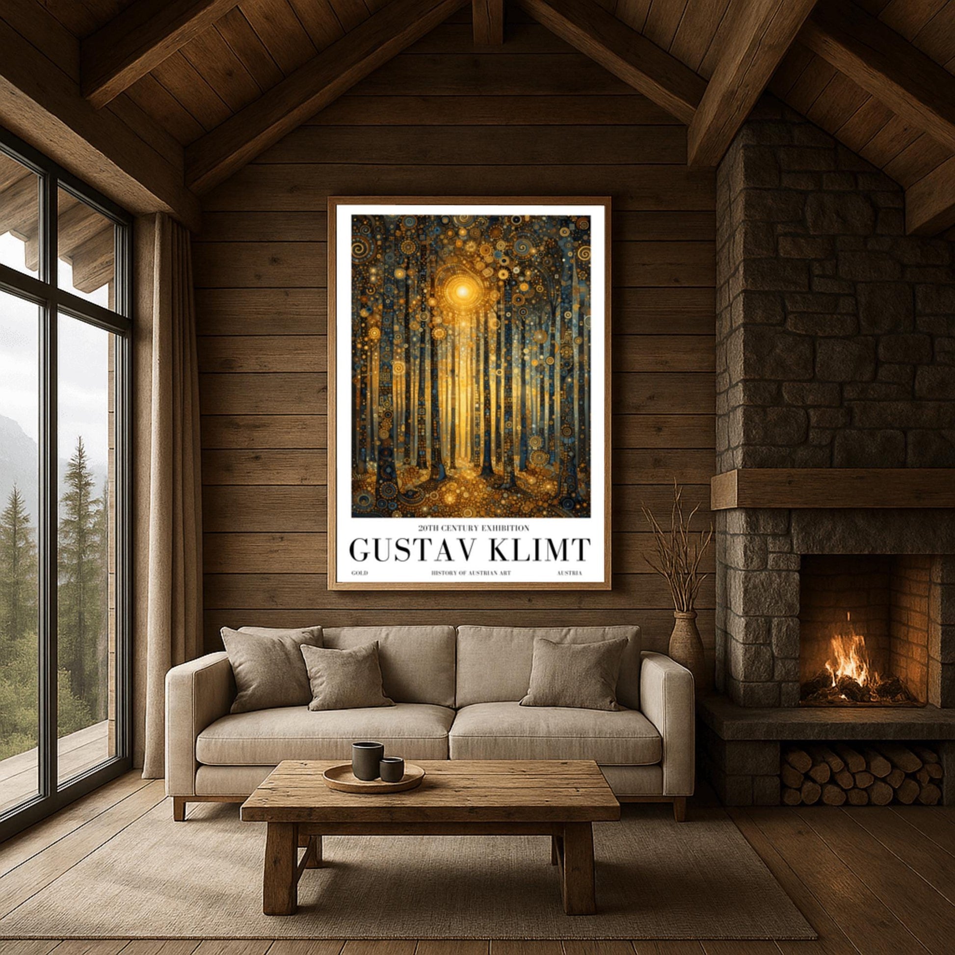 A vertical museum exhibition poster in the style of Gustav Klimt. A forest of slender trees is rendered in complex gold and dark blue mosaic patterns. A bright golden sun glows in the center, and the ground is covered in golden circular patterns. Bold black text at the bottom reads "GUSTAV KLIMT" and "20TH CENTURY EXHIBITION."