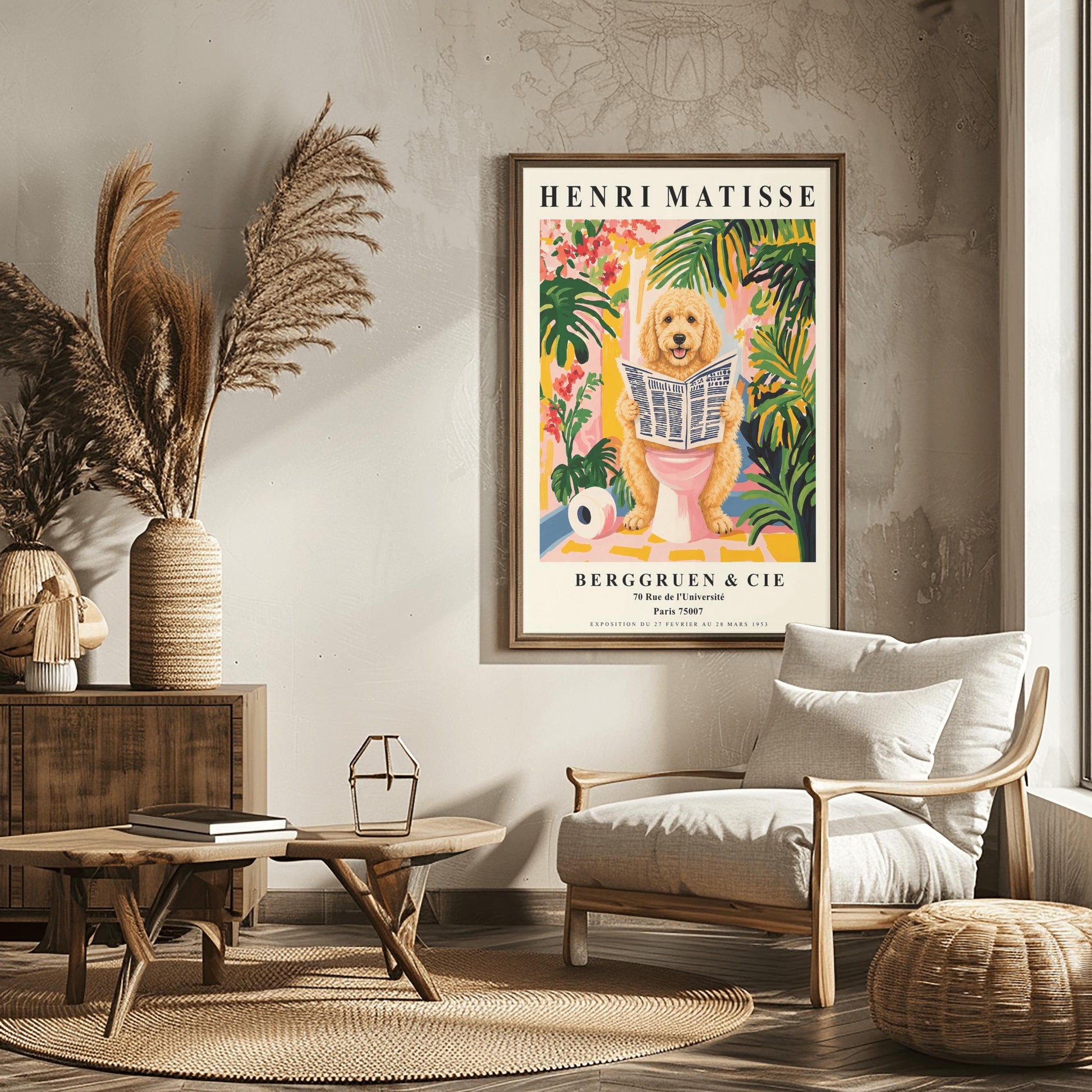 A vertical fine art exhibition poster in the style of Henri Matisse featuring a wide cream border. Bold black text reads "HENRI MATISSE" at the top and "BERGGRUEN & CIE" at the bottom. The central painting humorously shows a fluffy golden doodle dog sitting on a pink toilet while reading a newspaper, surrounded by vibrant green palm leaves, tropical flowers, and a toilet paper roll on the floor.