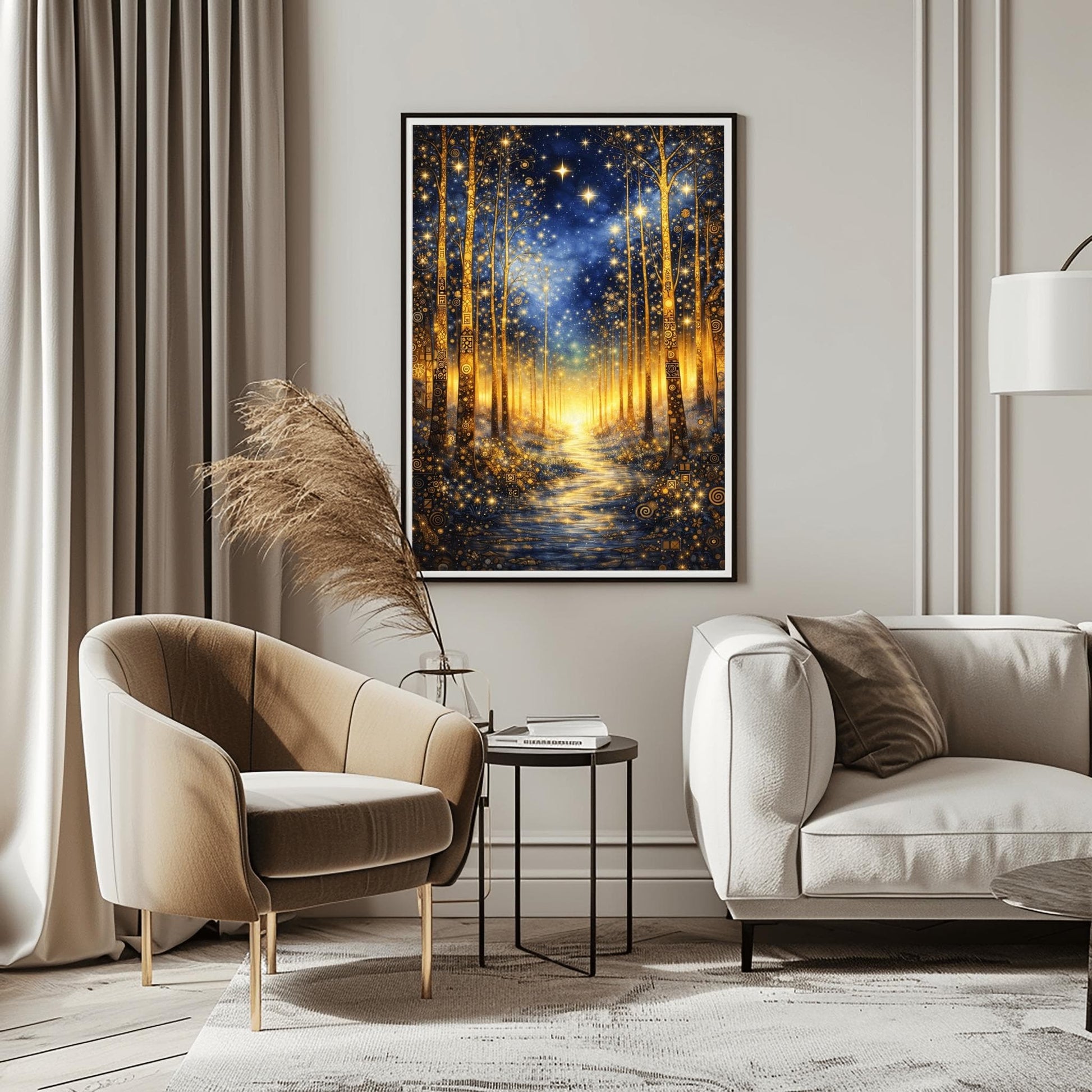 A vertical art print in the style of Gustav Klimt. It depicts a magical forest at night with tall, slender trees decorated with intricate golden swirls and geometric patterns. A shimmering golden path leads through the center toward a bright light in the distance. The dark blue sky is filled with numerous bright, glowing stars and a hazy golden nebula. The entire scene is rich with gold leaf textures and decorative mosaic details.