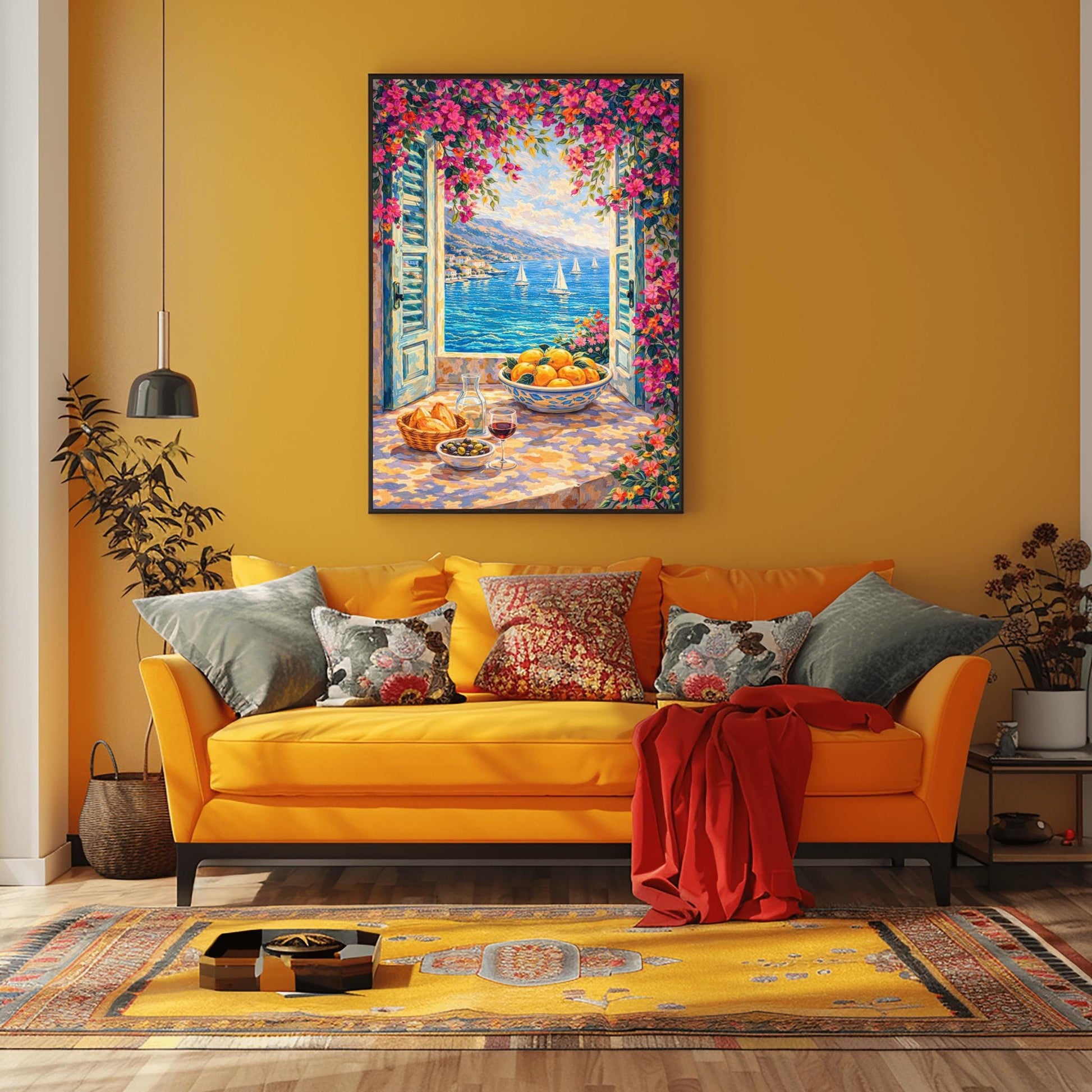 A vertical painterly illustration looking through open blue shutters at a blue sea with sailboats. Pink bougainvillea flowers frame the top and side. On the windowsill sits a glass of red wine, olives, bread, and a large bowl of oranges.