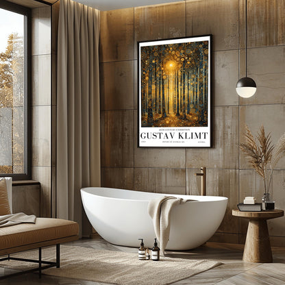 A vertical museum exhibition poster in the style of Gustav Klimt. A forest of slender trees is rendered in complex gold and dark blue mosaic patterns. A bright golden sun glows in the center, and the ground is covered in golden circular patterns. Bold black text at the bottom reads "GUSTAV KLIMT" and "20TH CENTURY EXHIBITION."