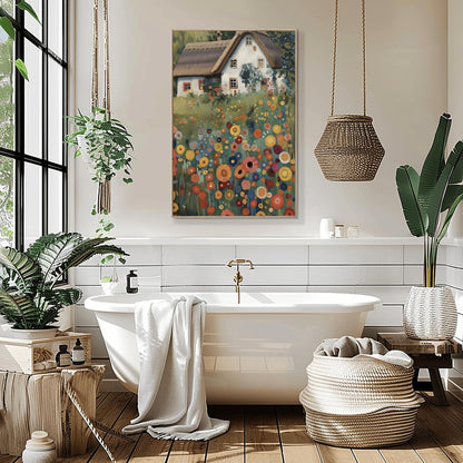 A vertical oil painting in the style of Gustav Klimt. A white-washed cottage with a brown thatched roof sits behind a dense field of colorful, circular wildflowers in shades of orange, red, blue, and yellow. The style features heavy, decorative textures and subtle golden highlights throughout the garden and roof.