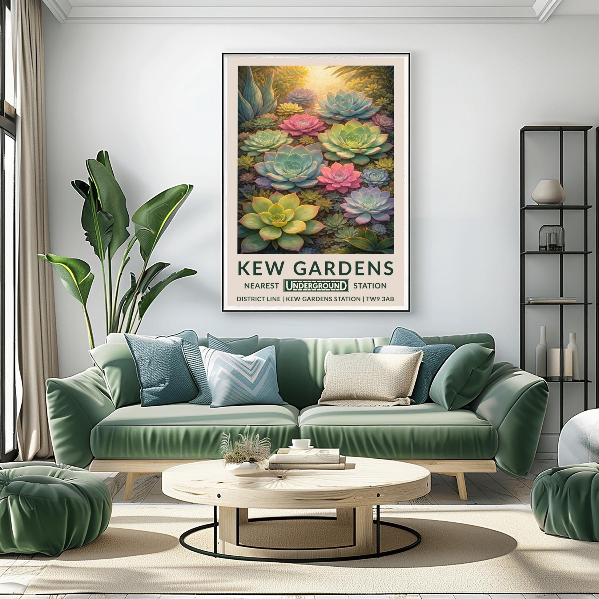 A vertical vintage travel poster for Kew Gardens featuring a dense, top-down view of many succulent plants. The composition is filled with large and small Echeveria rosettes in soft pastel shades of pink, light green, and pale blue. Warm sunlight glows from the top of the frame, highlighting the edges of the thick, fleshy leaves. The bottom features a cream border with bold green text: "KEW GARDENS" and "NEAREST UNDERGROUND STATION" with District Line details.