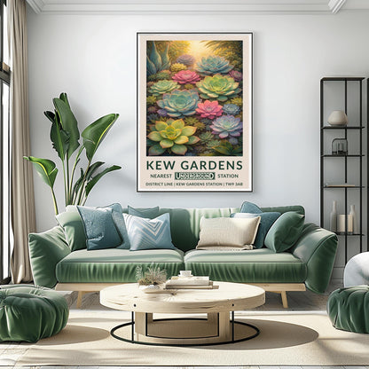 A vertical vintage travel poster for Kew Gardens featuring a dense, top-down view of many succulent plants. The composition is filled with large and small Echeveria rosettes in soft pastel shades of pink, light green, and pale blue. Warm sunlight glows from the top of the frame, highlighting the edges of the thick, fleshy leaves. The bottom features a cream border with bold green text: "KEW GARDENS" and "NEAREST UNDERGROUND STATION" with District Line details.
