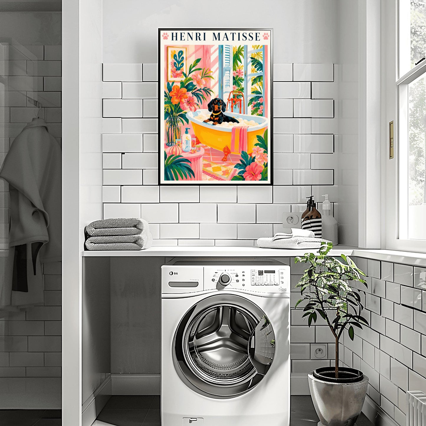A vertical minimalist fine art exhibition poster in the style of Henri Matisse, bordered by a wide white frame margin. In the center, a simple black line drawing illustrates a Dachshund sitting inside a vintage white clawfoot bathtub. The composition is flanked by large, flat abstract paper-cut shapes, including an organic royal blue botanical frond on the left and a terracotta red coral cutout on the right against a solid white background.