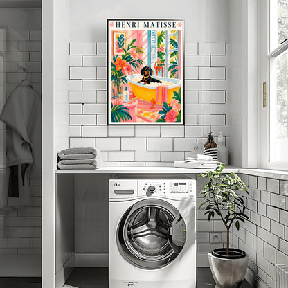 A vertical minimalist fine art exhibition poster in the style of Henri Matisse, bordered by a wide white frame margin. In the center, a simple black line drawing illustrates a Dachshund sitting inside a vintage white clawfoot bathtub. The composition is flanked by large, flat abstract paper-cut shapes, including an organic royal blue botanical frond on the left and a terracotta red coral cutout on the right against a solid white background.