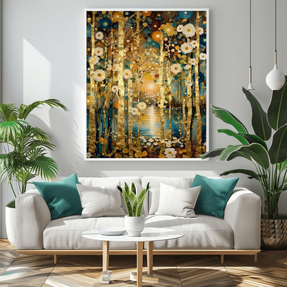A vertical landscape painting in the style of Gustav Klimt. Slender birch tree trunks with gold-leaf textures stand in a dense forest. The ground is covered in stylized, mosaic-like circular flowers in cream, gold, and teal. In the background, a glowing sun reflects on a dark blue lake. The overall style is rich in texture with heavy impasto brushstrokes and a deep, opulent color palette.