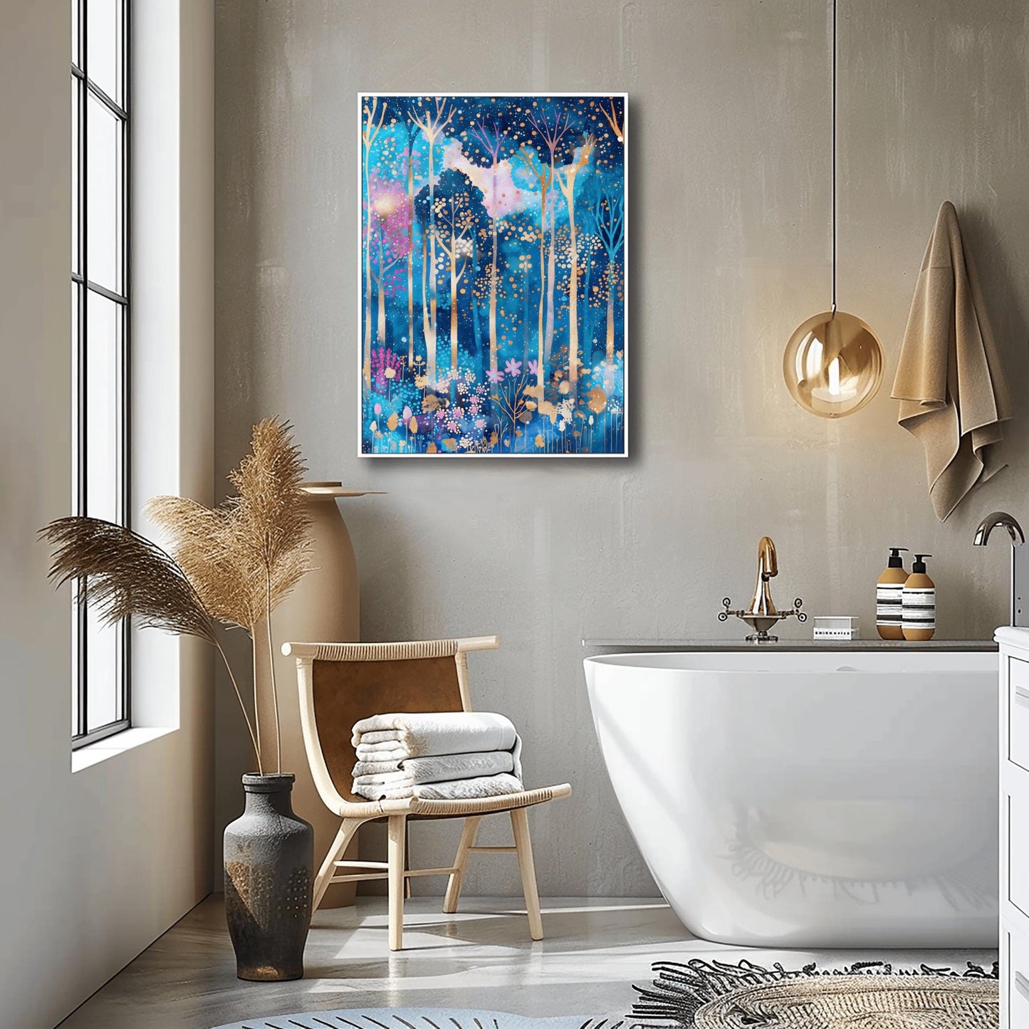 A vertical fine art print in the style of Gustav Klimt. A mystical forest with slender, glowing white and gold tree trunks set against a deep blue and periwinkle background. The canopy and floor are filled with thousands of tiny, glowing gold and amber dots, with small pink flowers at the base, creating a mosaic-like effect.