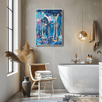 A vertical fine art print in the style of Gustav Klimt. A mystical forest with slender, glowing white and gold tree trunks set against a deep blue and periwinkle background. The canopy and floor are filled with thousands of tiny, glowing gold and amber dots, with small pink flowers at the base, creating a mosaic-like effect.
