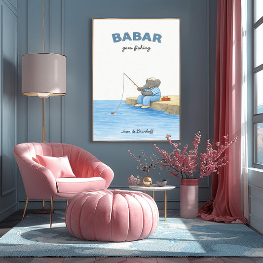 A vertical art print titled "BABAR goes fishing" in large blue letters. A grey elephant sits on a tan rocky pier overlooking blue water. He is wearing a blue and white checkered shirt, light blue overalls, and a white cap. He holds a thin fishing rod, and his line is in the water with a small red bobber. A red tackle box sits on the dock behind him. The name "Jean de Brunhoff" is at the bottom.