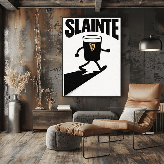 A vertical minimalist graphic in black and white. A pint of Guinness with thin black cartoon arms and legs is shown walking. The word "SLÁINTE" is arched at the top in a bold black font. The pint features a small gold harp logo.